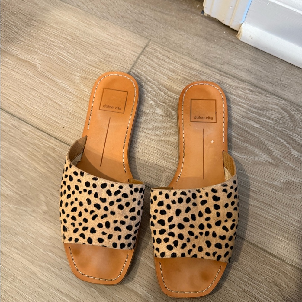 Dolce Vita Tan and Black Leopard Calf Hair Slide Sandals